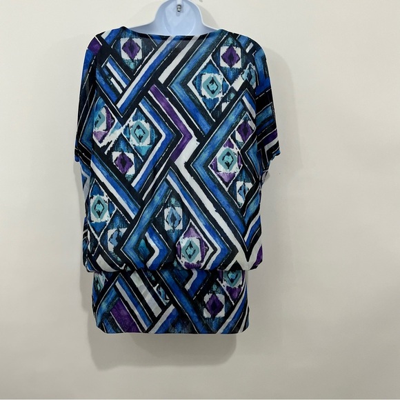 Chicos Black Blue Geometric Print Bianca Short Sleevee Blouse - Picture 6 of 14